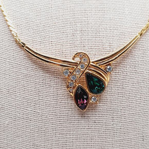 Vintage 1980s Rhinestone Necklace – Purple Green Clear Stones, 16" Pendant Chain - Picture 3 of 8